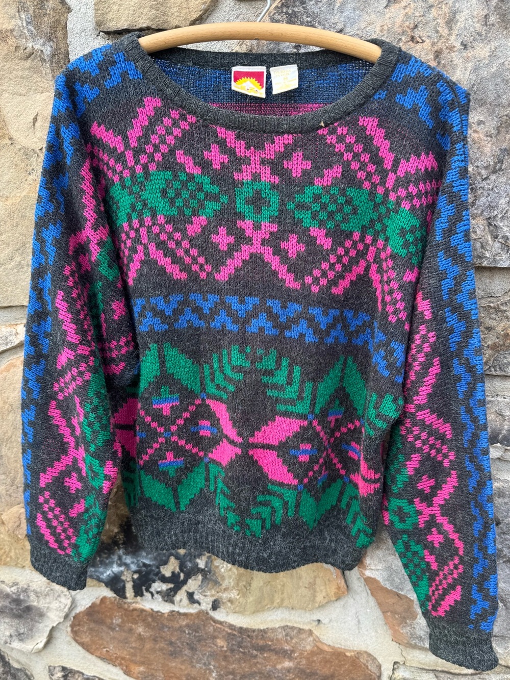 Vintage E.Z. Spirit Crewneck Sweater in Charcoal with Vibrant Fair Isle Print M